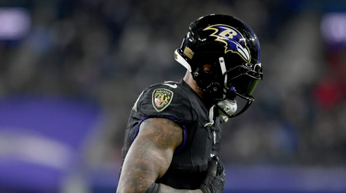 Nov 16, 2023; Baltimore, Maryland, USA; Baltimore Ravens wide receiver Odell Beckham Jr. (3) reacts after a play during the fourth quarter against the Cincinnati Bengals at M&T Bank Stadium.